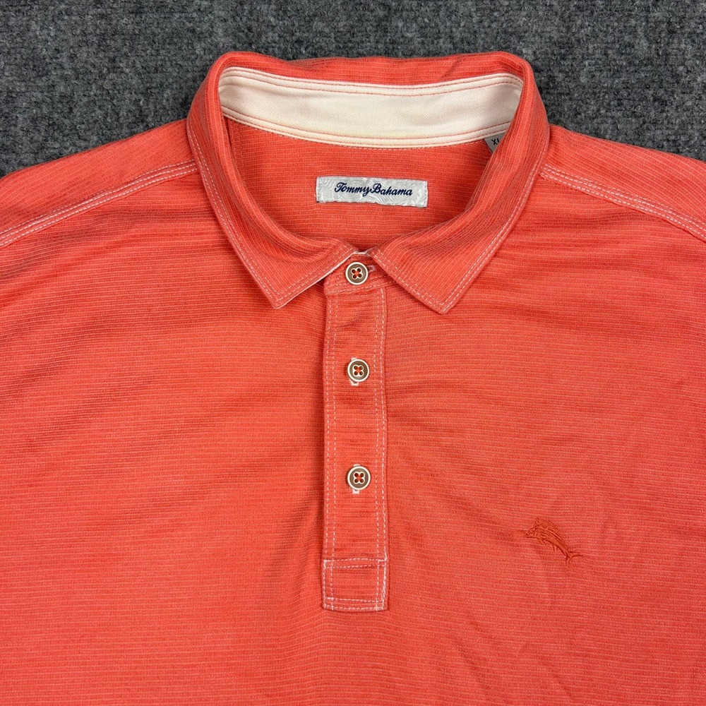 Tommy Bahama Polo Shirt Mens XL Orange Textured Stripe Tencel Blend Short Sleeve